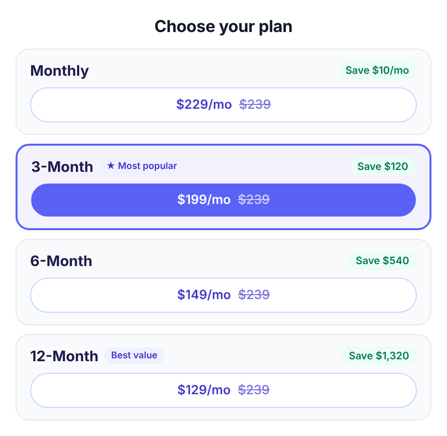 Plan picker: monthly $229, 3-month $199 (most popular), 6-month $149 and 12-month $129 per month