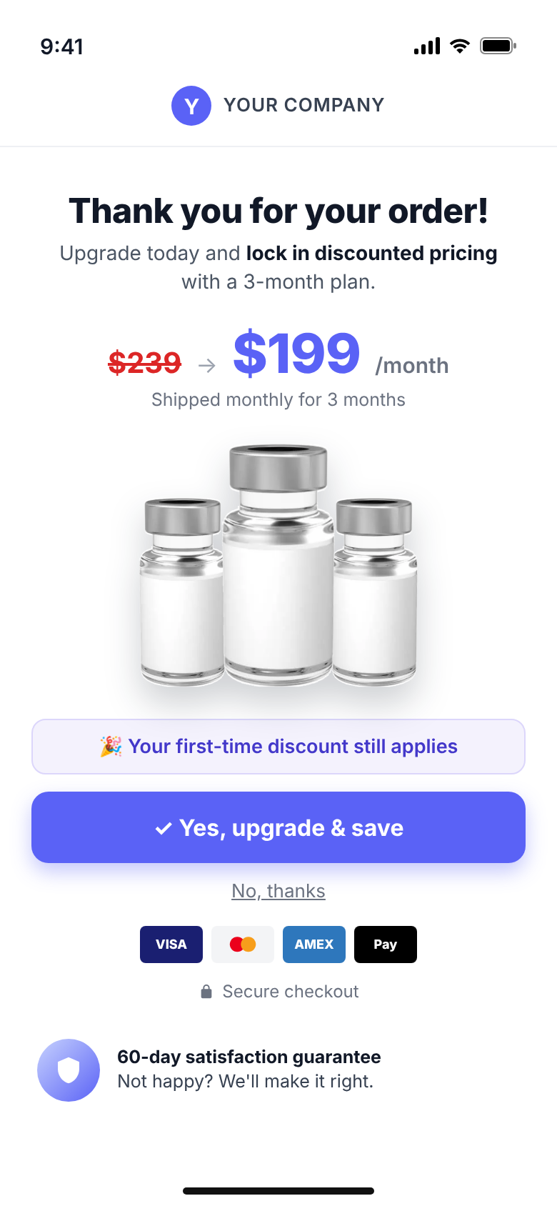 One-click upsell after checkout: upgrade to a 3-month plan and drop from $239 to $199 a month
