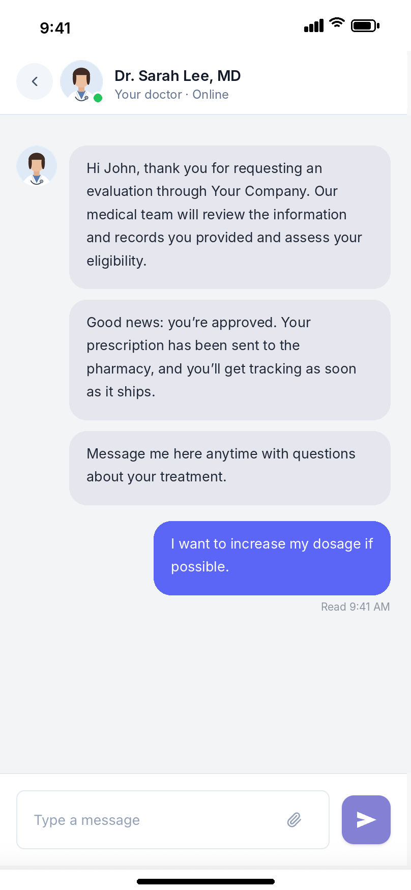 Doctor chat in the patient portal, with the doctor confirming approval and that the prescription was sent to the pharmacy