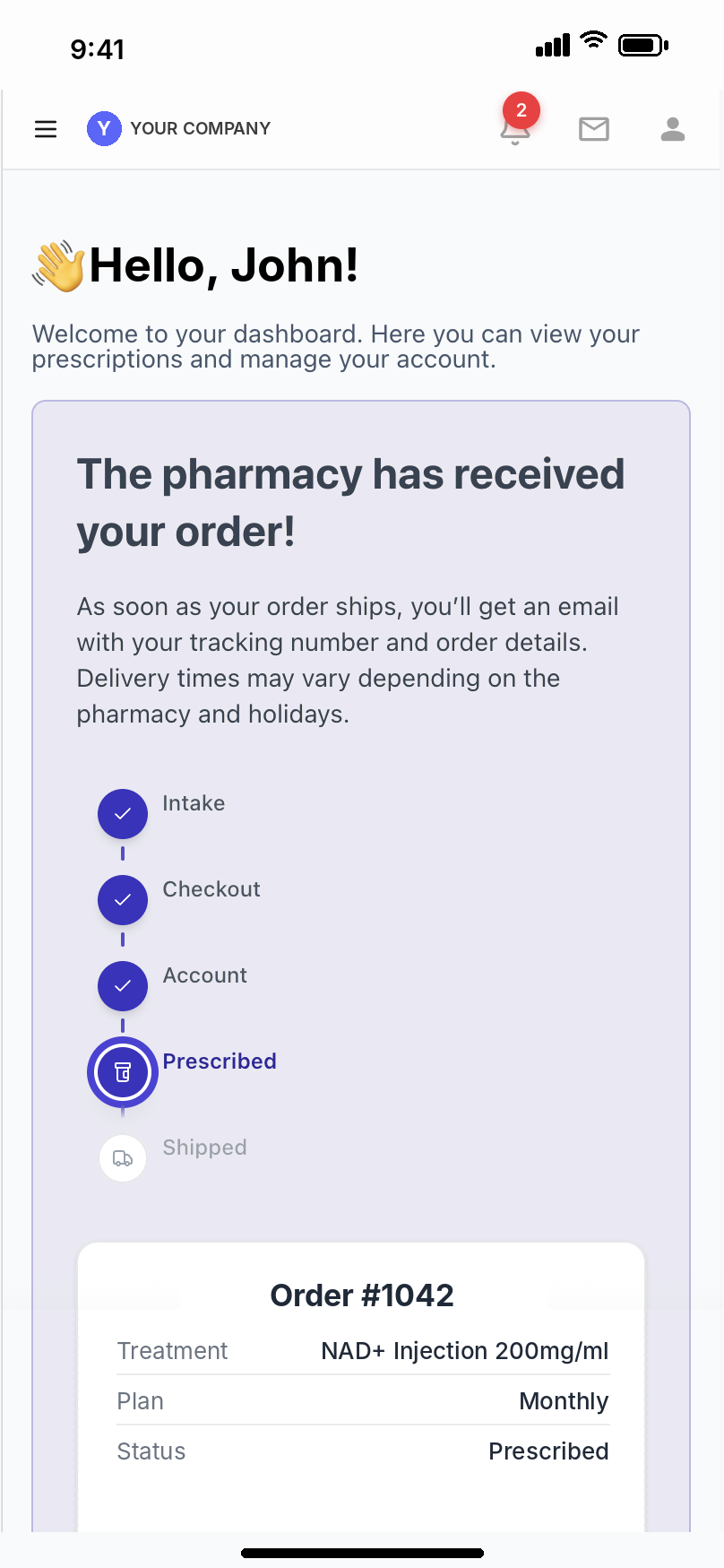 Patient portal dashboard showing order progress: intake, checkout, account and prescribed complete, shipping next